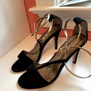 Cynthia Vincent Black t strap shoes with gold ankle straps